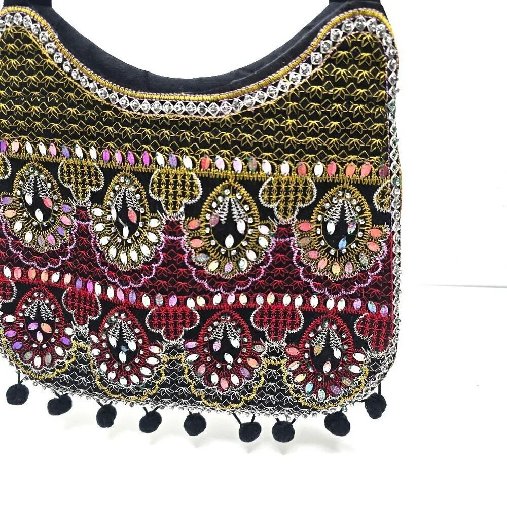 Vintage 90s Y2k Arcad Embellished Sequin Beaded Embroidered Black Shoulder Bag